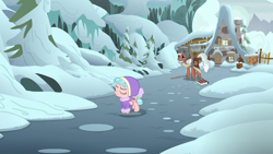 Size: 1280x720 | Tagged: safe, screencap, cozy glow, earth pony, pegasus, pony, frenemies (episode), cabin, clothes, cozy glow is not amused, eyes closed, female, filly, foal, hat, male, mount everhoof, pine tree, rusty bucket, sad, snow, stallion, tree, winter outfit