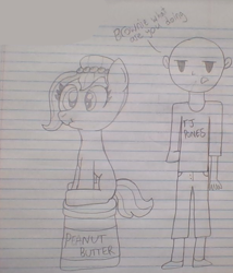 Size: 602x704 | Tagged: safe, artist:nightshadowmlp, oc, oc only, oc:brownie bun, oc:richard, earth pony, human, pony, clothes, dialogue, female, food, lined paper, male, peanut butter, scrunchy face, shirt, sitting, t-shirt, text, traditional art