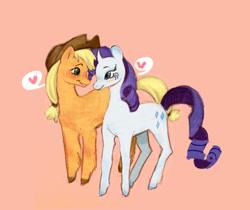 Size: 1042x876 | Tagged: safe, artist:chupapops, applejack, rarity, earth pony, pony, unicorn, blushing, eye contact, female, freckles, green background, heart, lesbian, looking at each other, mare, rarijack, shipping, simple background