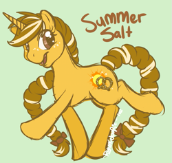 Size: 569x540 | Tagged: safe, artist:ryunwoofie, oc, oc:summer salt, pony, unicorn, braid, braided tail, female, freckles, mare, raised leg, reference, simple background, solo