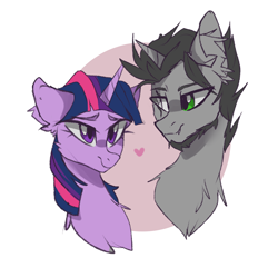 Size: 1500x1500 | Tagged: safe, artist:butterbit, twilight sparkle, oc, oc:iratus arcana, pony, unicorn, canon x oc, eye scar, female, fluffy, heterochromia, male, mare, scar, shipping, snaggletooth, stallion, twiratus