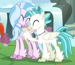 Size: 1082x943 | Tagged: safe, screencap, silverstream, sunburst, terramar, hippogriff, student counsel, brother and sister, cropped, cute, diastreamies, eyes closed, female, hug, jewelry, male, necklace, offscreen character, siblings, smiling, terrabetes, wings