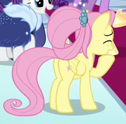 Size: 478x468 | Tagged: safe, screencap, fluttershy, rarity, pegasus, pony, unicorn, the last problem, butt, cropped, female, mare, offscreen character, older, older fluttershy, older rarity, plot, raised hoof
