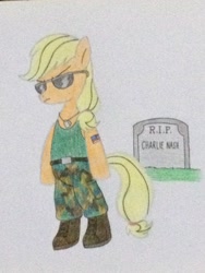 Size: 2448x3264 | Tagged: safe, artist:don2602, derpibooru import, applejack, earth pony, pony, semi-anthro, boots, capcom, crossover, dog tags, gravestone, guile, implied death, serious, serious face, shoes, solo, street fighter, sunglasses, tattoo, traditional art, us flag