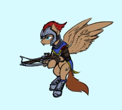 Size: 969x875 | Tagged: safe, artist:dipfanken, oc, oc only, oc:atlas, pegasus, pony, armor, blue background, crossbow, cutie mark, flying, helmet, simple background, solo, wings