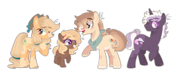 Size: 1182x484 | Tagged: safe, artist:moon-rose-rosie, applejack, oc, oc:daniel, oc:north, oc:sunshine amethyst, earth pony, pony, unicorn, adopted offspring, alternate design, base used, female, male, offspring, parent:applejack, parent:caramel, parents:carajack