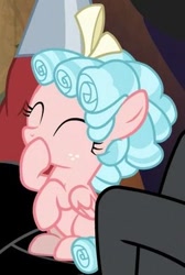 Size: 263x392 | Tagged: safe, screencap, cozy glow, lord tirek, centaur, pegasus, pony, frenemies (episode), cozybetes, cropped, curly hair, cute, evil lair, eyes closed, female, filly, foal, freckles, giggling, grogar's lair, hair bow, hoof over mouth, lair, sitting, solo focus