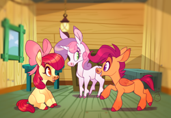 Size: 2796x1930 | Tagged: safe, artist:janegumball, apple bloom, scootaloo, sweetie belle, earth pony, pegasus, pony, unicorn, blank flank, bow, cloven hooves, clubhouse, colored hooves, crusaders clubhouse, cutie mark crusaders, female, filly, hair bow, signature, trio