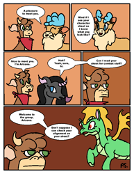 Size: 612x792 | Tagged: safe, artist:newbiespud, artist:paper shadow, arizona cow, oleander, tianhuo, velvet reindeer, cow, deer, dragon, hybrid, longma, pony, reindeer, unicorn, comic:friendship is dragons, them's fightin' herds, comic, community related, curved horn, dialogue, eyes closed, female, flying, frown, horn, mare, neckerchief