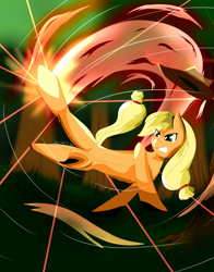 Size: 3300x4200 | Tagged: safe, artist:iceflare0714, derpibooru import, applejack, earth pony, pony, applejack's hat, cowboy hat, dynamic pose, forest, gritted teeth, hat, kicking, signature, solo