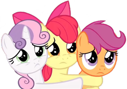 Size: 2465x1726 | Tagged: safe, edit, edited screencap, editor:lonely fanboy48, screencap, apple bloom, scootaloo, sweetie belle, earth pony, pegasus, pony, unicorn, the last crusade, background removed, cute, cutie mark crusaders, female, filly, foal, puppy dog eyes, sad, simple background, trio