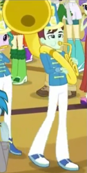 Size: 347x691 | Tagged: safe, screencap, cherry crash, indigo wreath, sweet leaf, tennis match, thunderbass, equestria girls, friendship games, background human, chs rally song, clothes, cropped, female, male, musical instrument, pants, shako, sousaphone, tuba