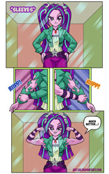 Size: 544x866 | Tagged: safe, artist:art-2u, aria blaze, equestria girls, aria brute, aria buff, armpits, biceps, clothes, clothing damage, comic, female, flexing, mirror, muscles, muscular female, pigtails, ripping clothes, sleeveless, smiling, solo, twintails