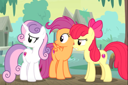 Size: 1032x684 | Tagged: safe, screencap, apple bloom, scootaloo, sweetie belle, earth pony, pegasus, pony, unicorn, growing up is hard to do, bow, cropped, cutie mark, cutie mark crusaders, female, hair bow, mare, older, older apple bloom, older cmc, older scootaloo, older sweetie belle, the cmc's cutie marks, trio