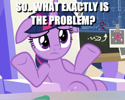 Size: 1349x1077 | Tagged: safe, edit, edited screencap, screencap, twilight sparkle, twilight sparkle (alicorn), alicorn, sparkle's seven, caption, cropped, floppy ears, image macro, meme, question, shrug, sitting, slouching, solo, text, throne, written equestrian
