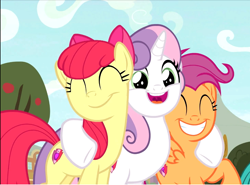 Size: 1046x774 | Tagged: safe, screencap, apple bloom, scootaloo, sweetie belle, earth pony, pegasus, pony, unicorn, growing up is hard to do, adorabloom, cropped, cute, cutealoo, cutie mark, cutie mark crusaders, diasweetes, excited, eyes closed, female, happy, hug, mare, older, older apple bloom, older cmc, older scootaloo, older sweetie belle, smiling, the cmc's cutie marks, trio