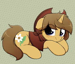 Size: 3820x3257 | Tagged: safe, artist:moozua, oc, oc only, oc:buckwheat, pony, unicorn, blushing, clothes, cowboy hat, cute, female, floppy ears, freckles, hat, looking at you, mare, ocbetes, poncho, prone, smiling, stetson