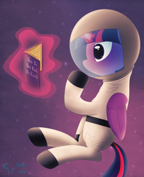 Size: 3700x4556 | Tagged: safe, artist:cosmikvek, twilight sparkle, twilight sparkle (alicorn), alicorn, pony, astronaut, book, floating, glowing horn, horn, magic, solo, space, spacesuit, telekinesis
