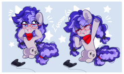 Size: 2428x1456 | Tagged: safe, artist:whiteliar, oc, oc only, oc:cinnabyte, earth pony, pony, adorkable, bandana, cheer, controller, cute, dork, earth pony oc, excited, gamer, glasses, precious