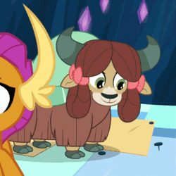 Size: 1019x1019 | Tagged: safe, screencap, smolder, yona, dragon, yak, uprooted, animated, bow, circling stars, cloven hooves, cute, dragoness, female, gif, hair bow, knocked silly, monkey swings, solo focus, yonadorable