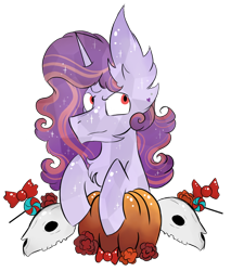 Size: 798x936 | Tagged: safe, artist:hunterthewastelander, oc, oc only, oc:affinity heart, crystal pony, pony, unicorn, candy, chest fluff, commission, ear fluff, female, flower, food, horn, impossibly large ears, mare, pumpkin, simple background, skull, solo, transparent background, unicorn oc, ych result