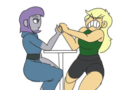 Size: 1213x880 | Tagged: safe, artist:ponyretirementhome, applejack, maud pie, equestria girls, arm wrestling, duo, gritted teeth, maud being maud, strong, stronk, table