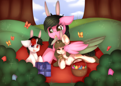 Size: 3000x2126 | Tagged: safe, artist:adostume, oc, oc:adostume, oc:heinrich hirsch, oc:ida hirsch, butterfly, pegasus, pony, unicorn, basket, broken horn, bunny ears, bush, colored wings, colt, cute, easter, easter basket, easter egg, egg, female, filly, green eyes, heterochromia, high res, holiday, horn, male, mare, mother, mother and child, mother and son, parent and child, present, teddy bear, tongue out, wings