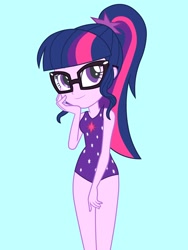 Size: 1536x2048 | Tagged: safe, artist:draymanor57, sci-twi, twilight sparkle, equestria girls, blue background, clothes, cute, female, glasses, one-piece swimsuit, ponytail, simple background, solo, swimsuit, swimsuit edit, twiabetes