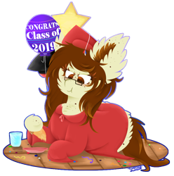 Size: 802x810 | Tagged: safe, artist:vanillaswirl6, oc, oc only, oc:historic shine, pony, balloon, clothes, confetti, cup, dress, eating, food, freckles, glasses, gown, graduate, graduation, graduation cap, hat, hoof hold, paper plate, pizza, tassel