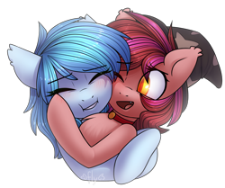 Size: 1994x1663 | Tagged: safe, artist:starlyflygallery, oc, oc:blackberry frost, oc:velvet silverwing, bat pony, pony, blushing, collar, duo, fluffy, hat, hug, simple background, transparent background