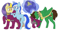 Size: 950x500 | Tagged: safe, artist:ukulelepineapplecat, sphinx (character), oc, oc only, oc:ferb fletcher, oc:frost d. tart, oc:zipper zest, alicorn, pegasus, pony, sphinx, unicorn, alicorn oc, clothes, cosplay, costume, magic, not minuette, ponysuit