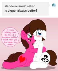 Size: 1440x1750 | Tagged: safe, artist:aarondrawsarts, oc, oc:brain teaser, oc:rose bloom, pony, ask brain teaser, blushing, brainbloom, chest fluff, cute couple, hug, looking away, oc x oc, shipping, tumblr