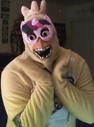 Size: 641x862 | Tagged: safe, artist:jonlukevilletvart, twilight sparkle, chica, clothes, cosplay, costume, crossover, fan, five nights at freddy's, mask, nightmare fuel, op is a cuck, wat, wtf, wtf pony fanfiction