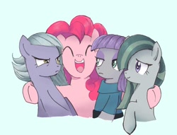 Size: 1022x782 | Tagged: safe, artist:yuniuni11, limestone pie, marble pie, maud pie, pinkie pie, earth pony, pony, annoyed, blue background, female, hug, lidded eyes, mare, open mouth, pie sisters, siblings, simple background, sisters, smiling
