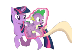 Size: 1000x723 | Tagged: safe, artist:yuniuni11, spike, twilight sparkle, alicorn, dragon, pony, female, magic, male, mare, scroll, simple background, white background