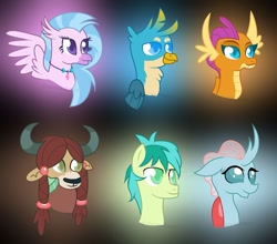 Size: 1024x903 | Tagged: safe, artist:shirosunshineyt, gallus, ocellus, sandbar, silverstream, smolder, yona, changedling, changeling, classical hippogriff, dragon, earth pony, griffon, hippogriff, pony, yak, bust, dragoness, female, jewelry, necklace, student six