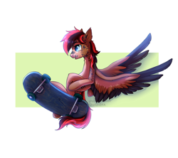 Size: 3600x3200 | Tagged: safe, artist:ghst-qn, oc, oc only, pegasus, pony, abstract background, bipedal, midair, misleading thumbnail, profile, skateboard, solo, spread wings, wings