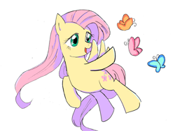 Size: 800x600 | Tagged: safe, artist:yuniuni11, fluttershy, butterfly, pegasus, pony, female, flying, mare, simple background, solo, waving, white background