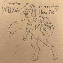 Size: 2048x2048 | Tagged: safe, artist:greyscaleart, derpibooru import, applejack, earth pony, pony, cowboy hat, female, hat, hat over eyes, mare, monochrome, pencil drawing, rearing, solo, traditional art, yeehaw