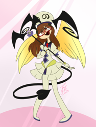 Size: 768x1024 | Tagged: safe, artist:jennyatethepizzza, oc, oc only, oc:ferb fletcher, human, clothes, cosplay, costume, crossdressing, humanized, humanized oc, lala satalin deviluke, point commission, solo, to love-ru, winged humanization, wings