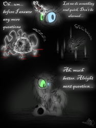 Size: 1200x1600 | Tagged: safe, artist:didun850, oc, oc:element, alicorn, pony, alicorn oc, comic, eyes closed, female, glowing eyes, glowing horn, heterochromia, horn, magic, mare, skull, smiling, speech, stitches, telekinesis