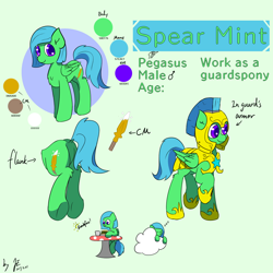 Size: 1080x1080 | Tagged: safe, artist:jerryenderby, oc, oc only, oc:spear mint, pegasus, pony, armor, breakfast, burger, cloud, commission, cutie mark, flank, food, guard, looking at you, male, reference, reference sheet, simple background, simple shading, sleeping, smiling, standing, sticker, table