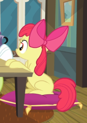 Size: 402x567 | Tagged: safe, screencap, apple bloom, earth pony, pony, apple family reunion, bow, cropped, female, filly, hair bow, offscreen character, pillow, sitting, smiling, solo, solo focus, table