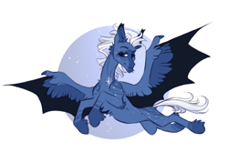 Size: 2000x1428 | Tagged: safe, artist:eeelt, night glider, bat pony, pegasus, pony, alternate design, bat ponified, female, flying, male, mare, moon, race swap, simple background, solo, spread wings, wing claws, wings