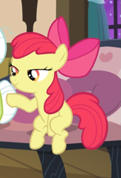 Size: 451x658 | Tagged: safe, screencap, apple bloom, earth pony, pony, apple family reunion, bow, cropped, female, filly, hair bow, lidded eyes, offscreen character, pointing, raised hoof, sitting, smiling, solo, solo focus