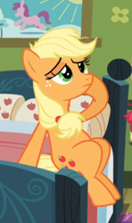 Size: 358x603 | Tagged: safe, screencap, applejack, earth pony, pony, apple family reunion, bed, cropped, female, hoof on head, mare, messy mane, raised hoof, sitting, solo, tired