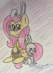 Size: 1024x1415 | Tagged: safe, artist:spiderfingers15, angel bunny, fluttershy, pegasus, pony, angry, basket, bunny ears, bunnyshy, crossed arms, duo, headband, sitting, traditional art