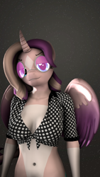 Size: 1080x1920 | Tagged: safe, oc, oc only, oc:shimmering spectacle, alicorn, anthro, 3d, alicorn oc, belly button, blouse, breasts, cleavage, curved horn, female, glasses, horn, magical lesbian spawn, magical threesome spawn, midriff, offspring, solo, source filmmaker, swag, wings