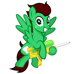 Size: 2500x2500 | Tagged: safe, artist:pizzamovies, oc, oc only, oc:northern haste, pegasus, pony, 2020 community collab, derpibooru community collaboration, flying, male, show accurate, simple background, solo, super soaker, super soaker 50, transparent background, watergun