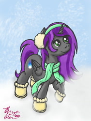 Size: 960x1280 | Tagged: safe, artist:brightstarclick, oc, oc only, oc:cynder dragoneye, alicorn, alicorn oc, boots, clothes, earmuffs, looking up, scarf, shoes, simple background, snow